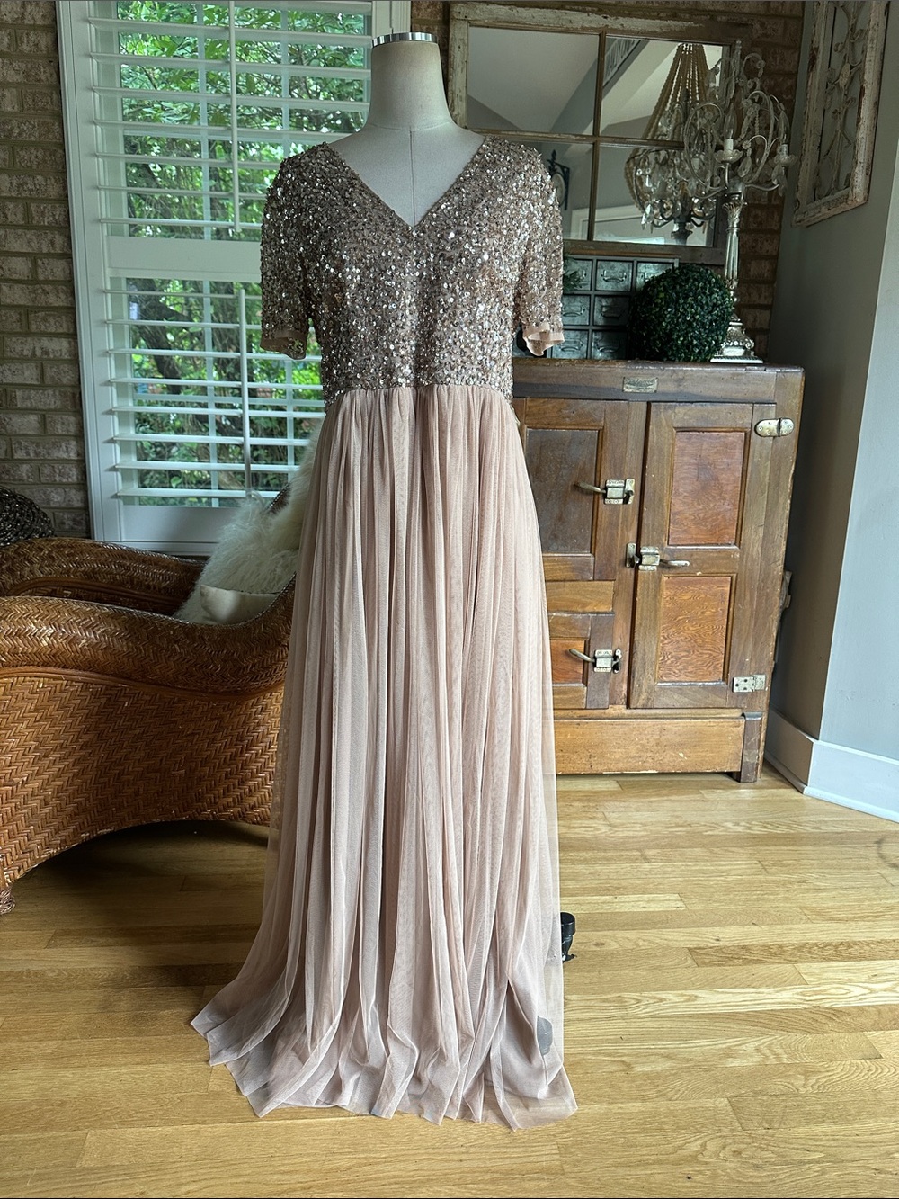MAYA DELUXE Rose Gold/Blush Tulle Sequin Formal Maxi Gown 12